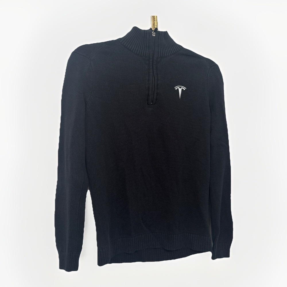 Tesla 1/4 Zip Sweater Mens XS Black Cotton Blend Pullover Logo TSL7863BK